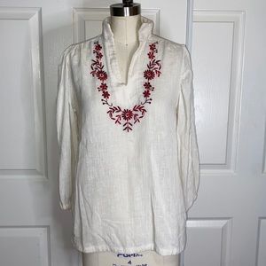 Vintage 70s Peasant blouse, Embroidered Flowers, Banded Collar, size small